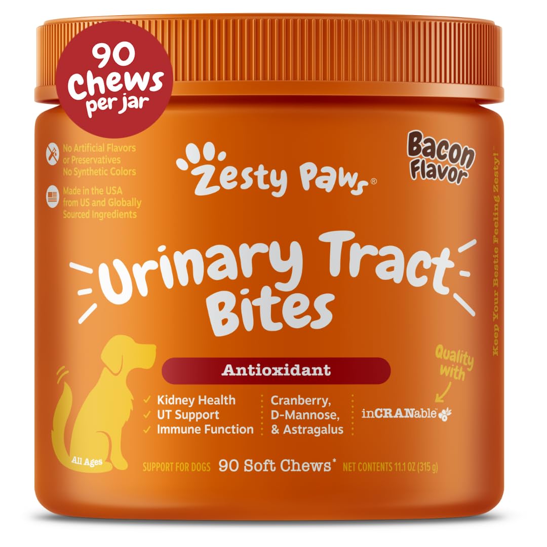 Zesty Paws cranberry supplement bottle pouring—urinary tract support for dogs.