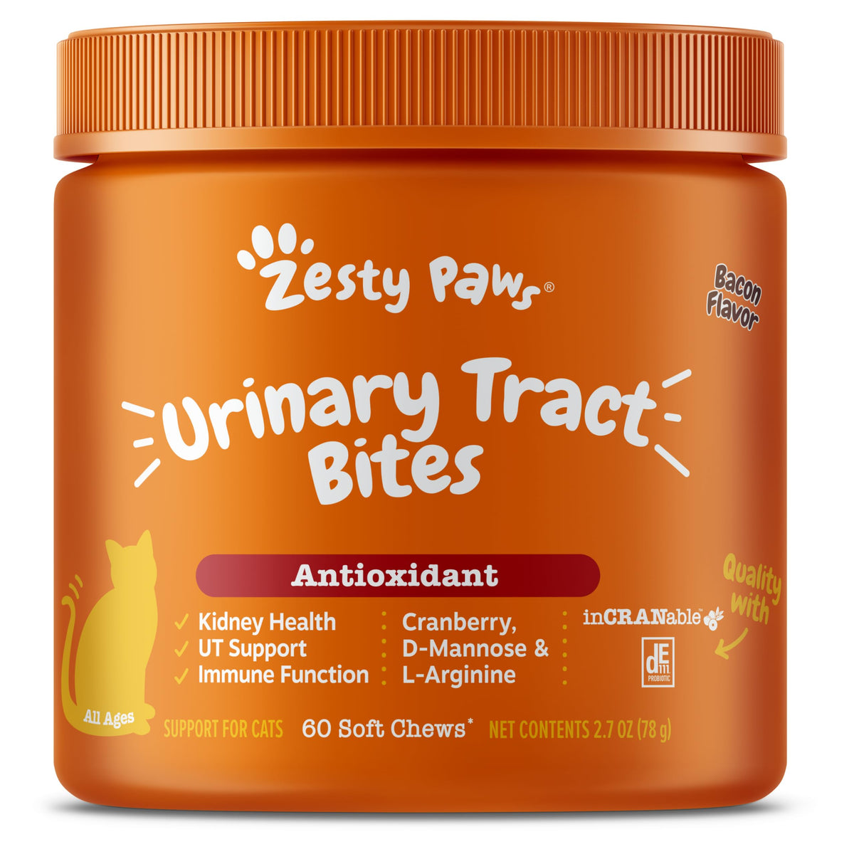 Zesty Paws Cranberry Urinary Tract Bites bacon-flavored cat chew for tasty urinary support.