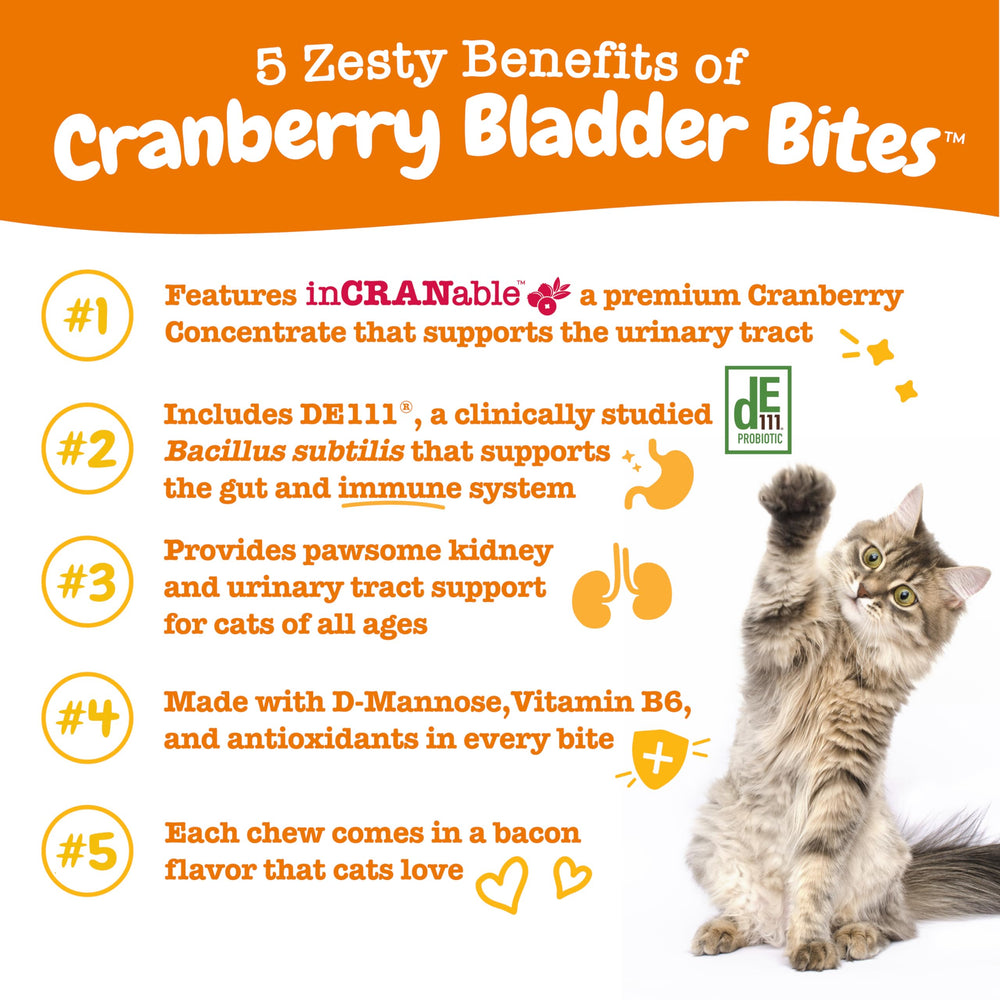 Zesty Paws Cranberry Urinary Tract Bites with D-Mannose supports urinary health in cats.