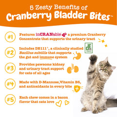 Zesty Paws Cranberry Urinary Tract Bites with D-Mannose supports urinary health in cats.