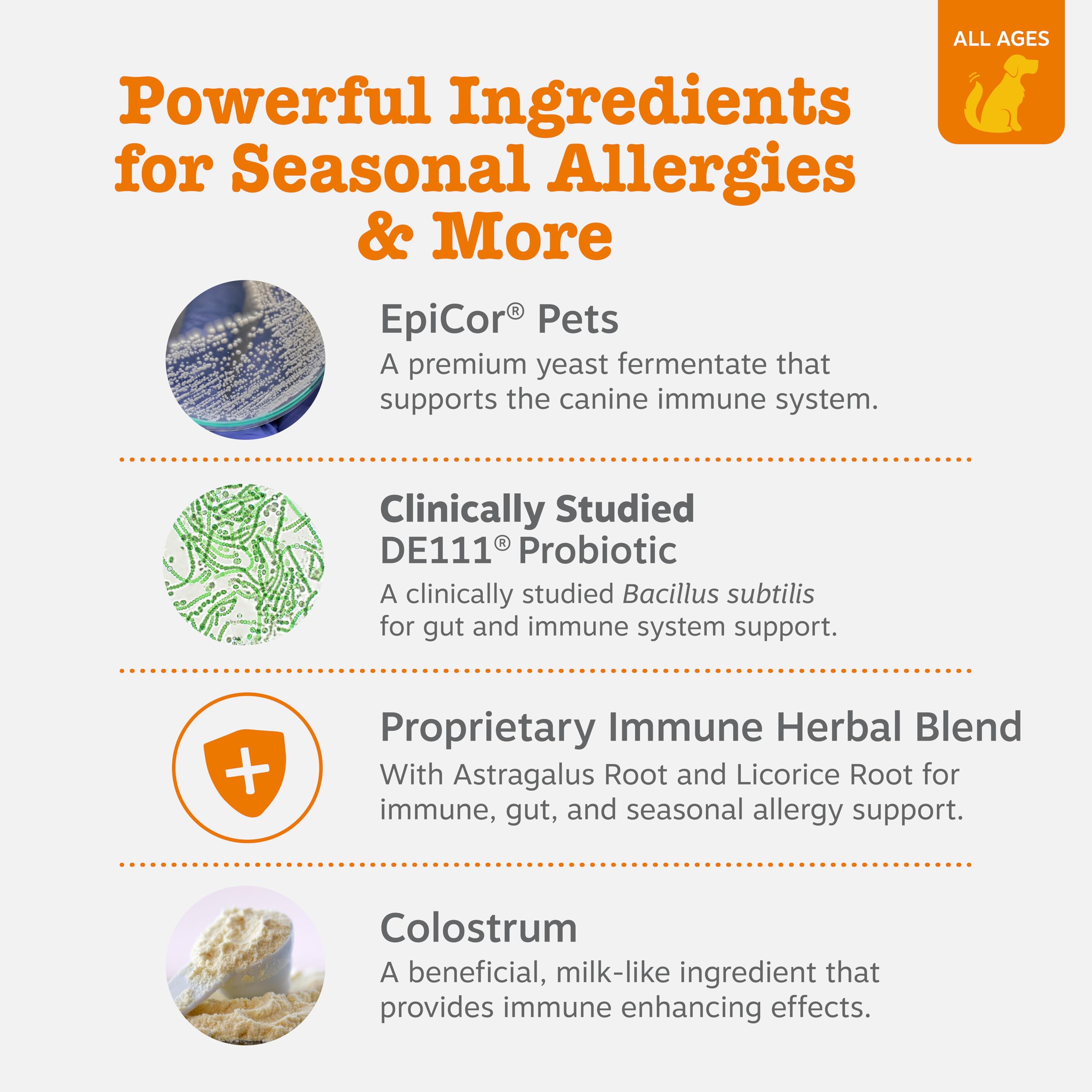 Zesty Paws DE111 probiotics image highlights gut health and immunity support