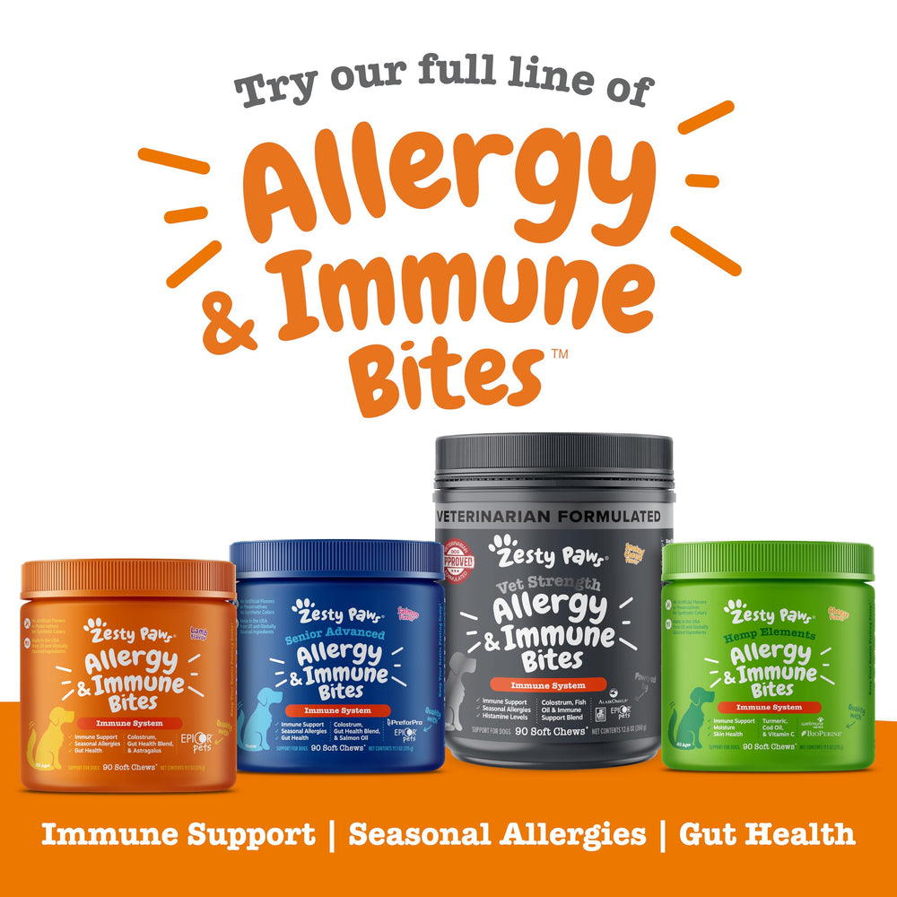 Zesty Paws digestive health chews image shows probiotic goodness for gut balance.
