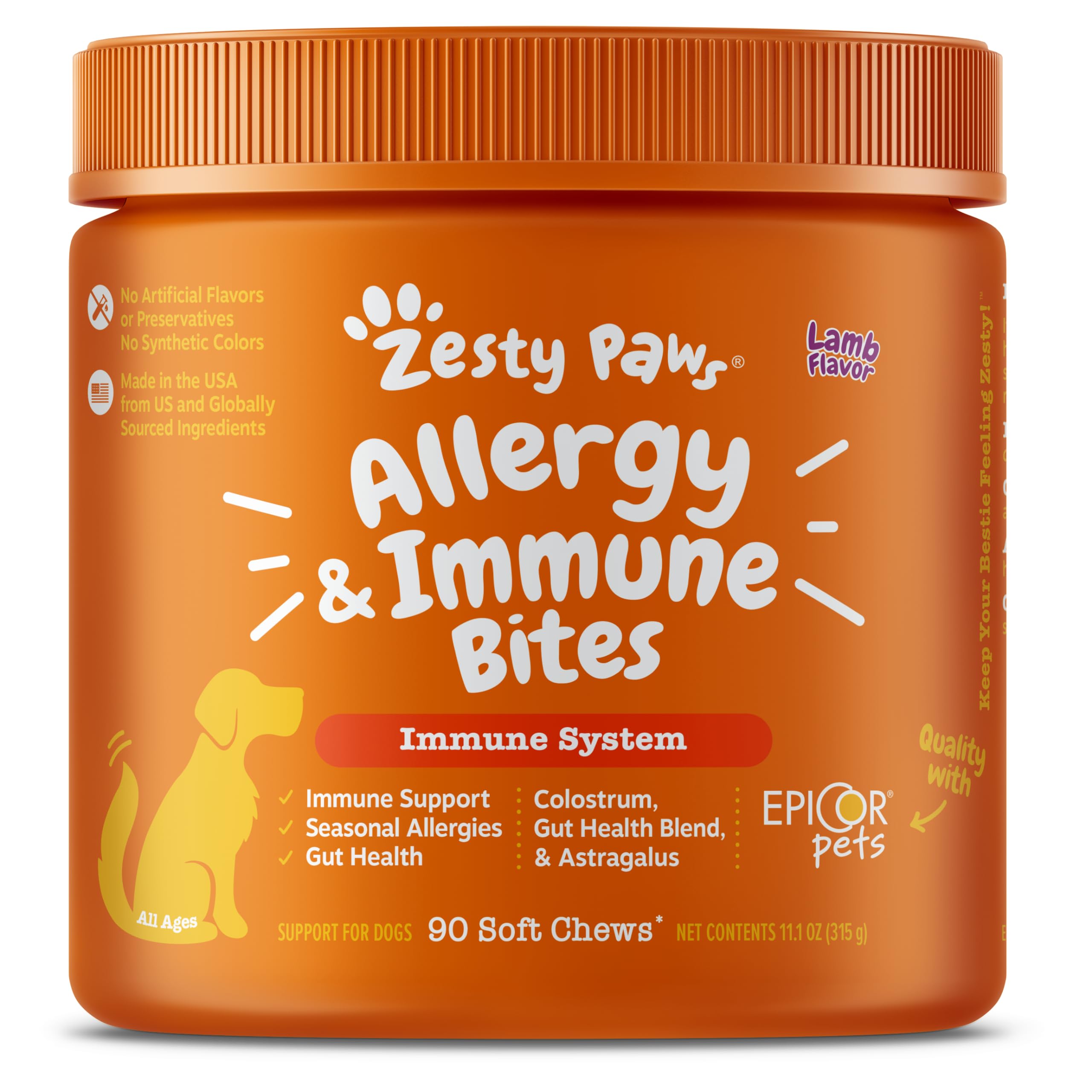 Zesty Paws dog allergy relief chews bottle – convenient daily allergy support.