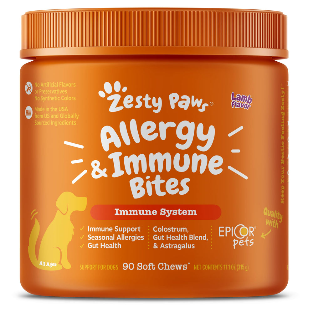 Zesty Paws dog allergy relief chews bottle – convenient daily allergy support.