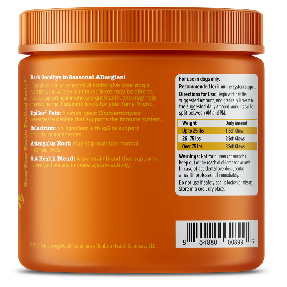 Zesty Paws dog allergy relief chews colostrum astragalus root label explains immune support