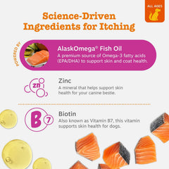 Zesty Paws Itch Relief chews on a countertop, highlighting allergy relief benefits for dogs.