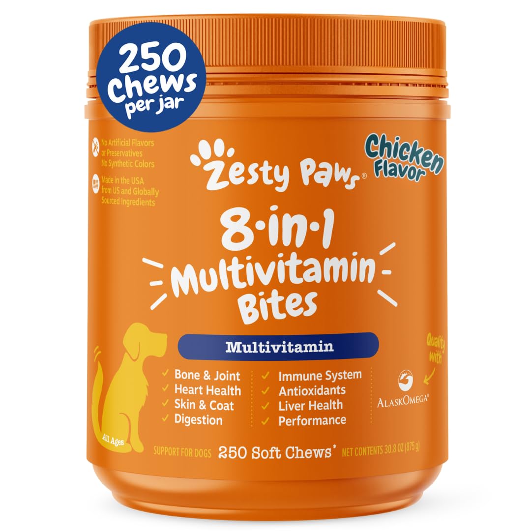 Zesty Paws dog multivitamin bottle front view signaling daily support for joints and immune health.