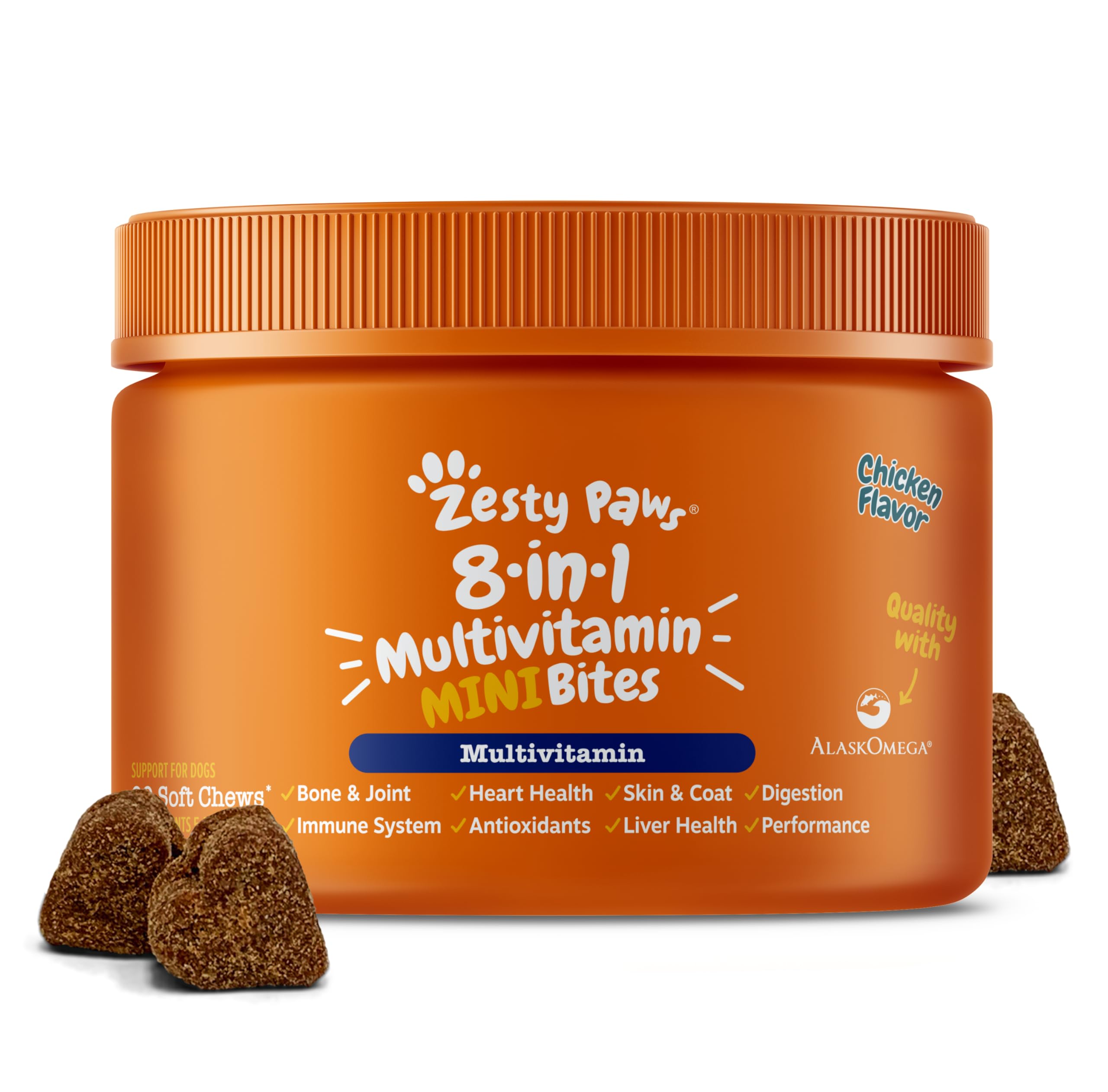 Zesty Paws dog multivitamin packaging highlights 8-in-1 benefits for joints, skin, and immunity.