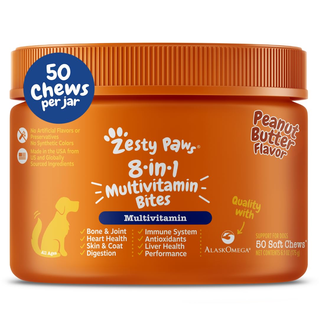 Zesty Paws dog multivitamin packaging showing 8 in 1 formula for overall pet wellness