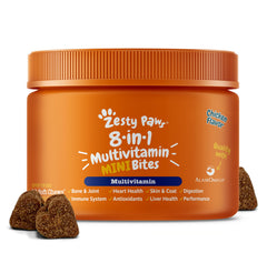 Zesty Paws dog multivitamin packaging highlights 8-in-1 benefits for joints, skin, and immunity.