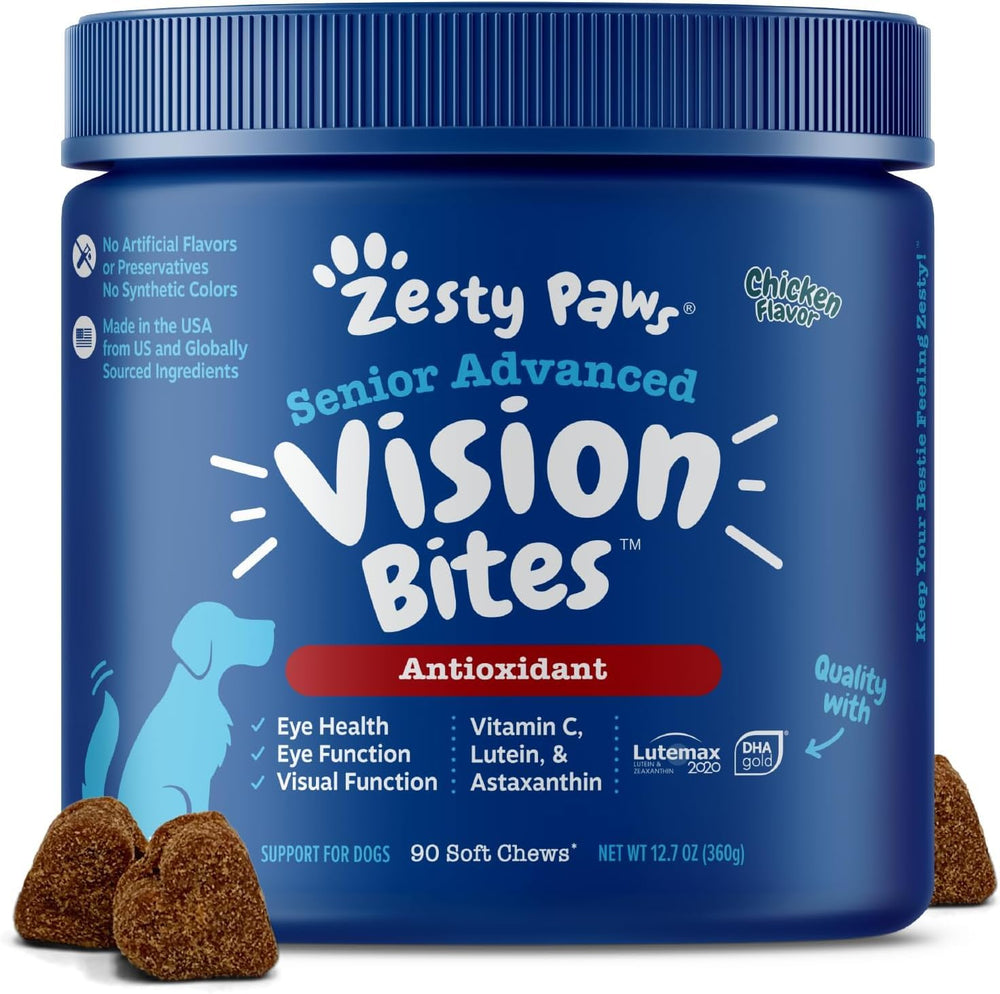 Zesty Paws eye supplement soft chews for dogs support daily vision.