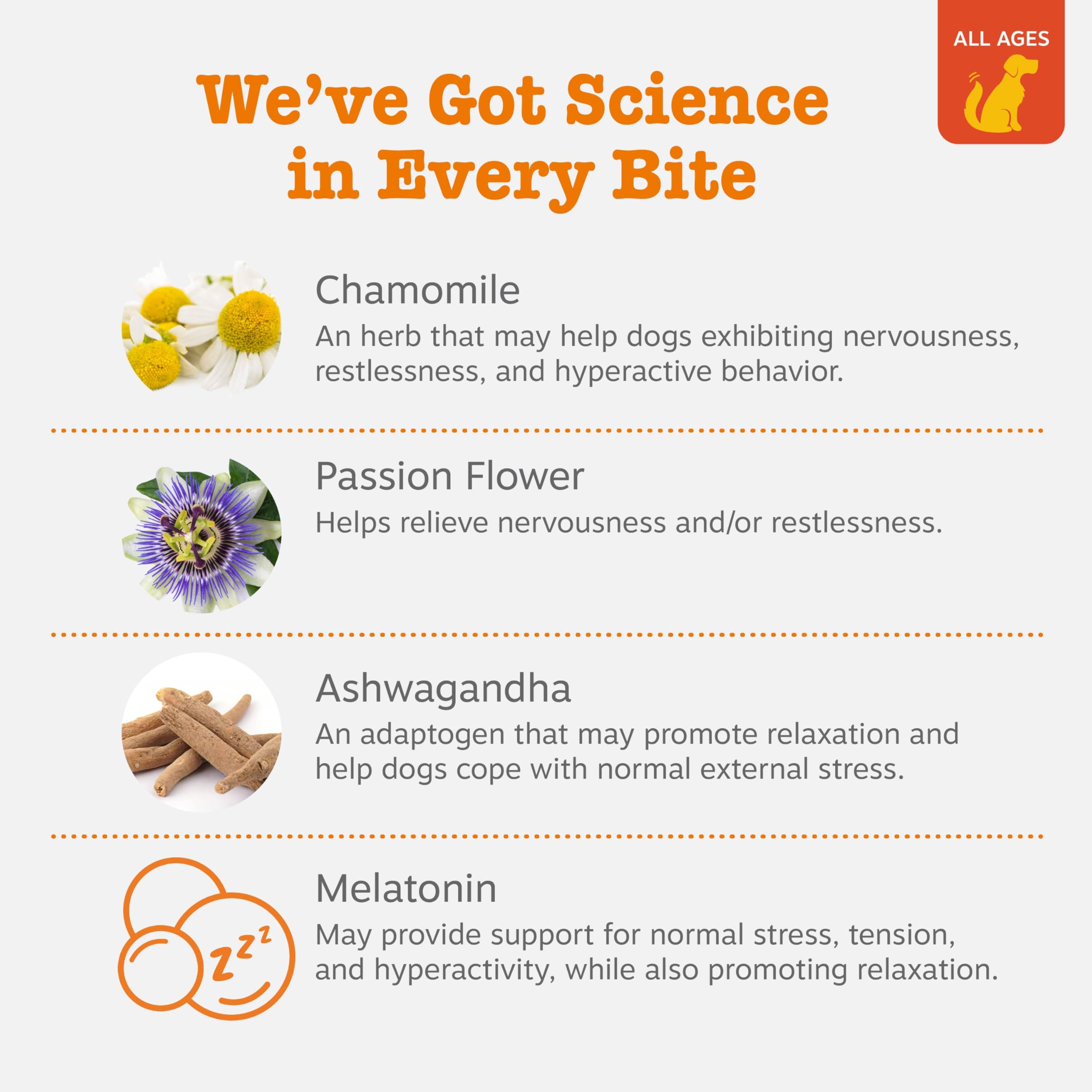 Zesty Paws Ashwagandha ingredient highlights science-backed calm that may aid focus and relaxation.