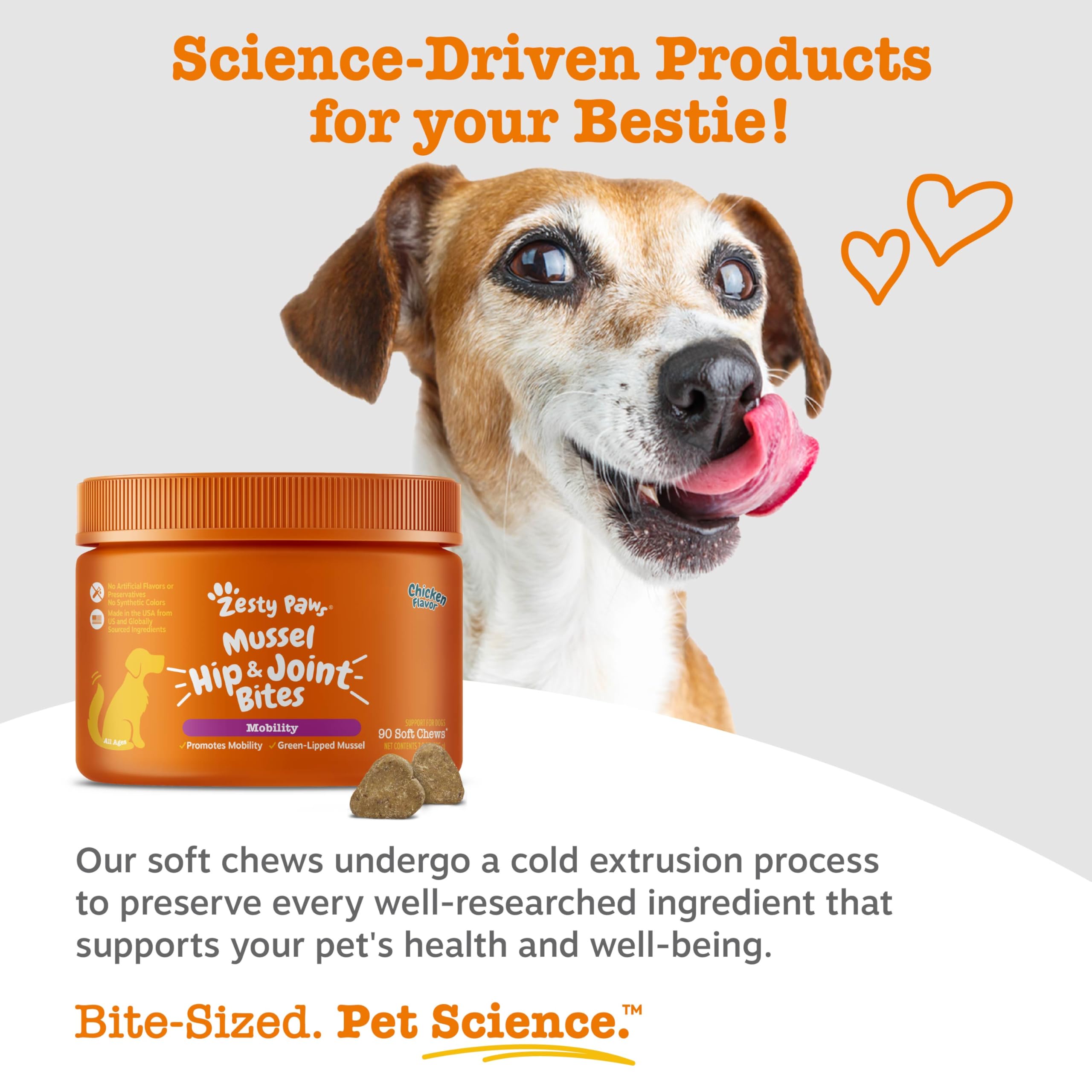 Zesty Paws Green-Lipped Mussel origin note for natural omega-3 support.