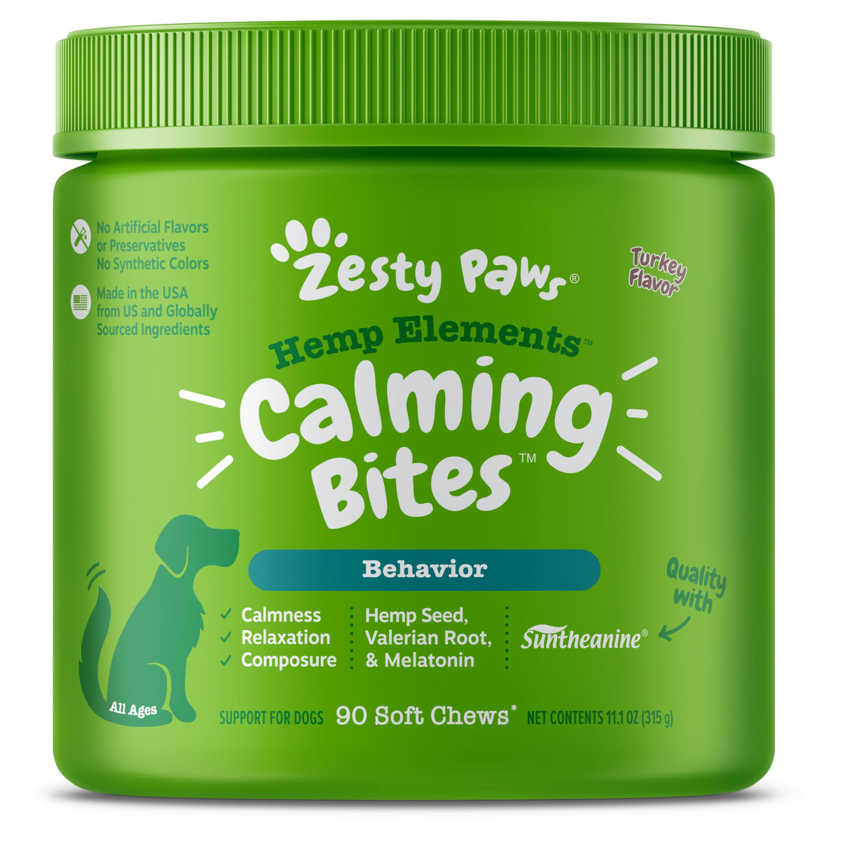 Zesty Paws Hemp Calming Chews bottle front for dog stress relief and calm moments