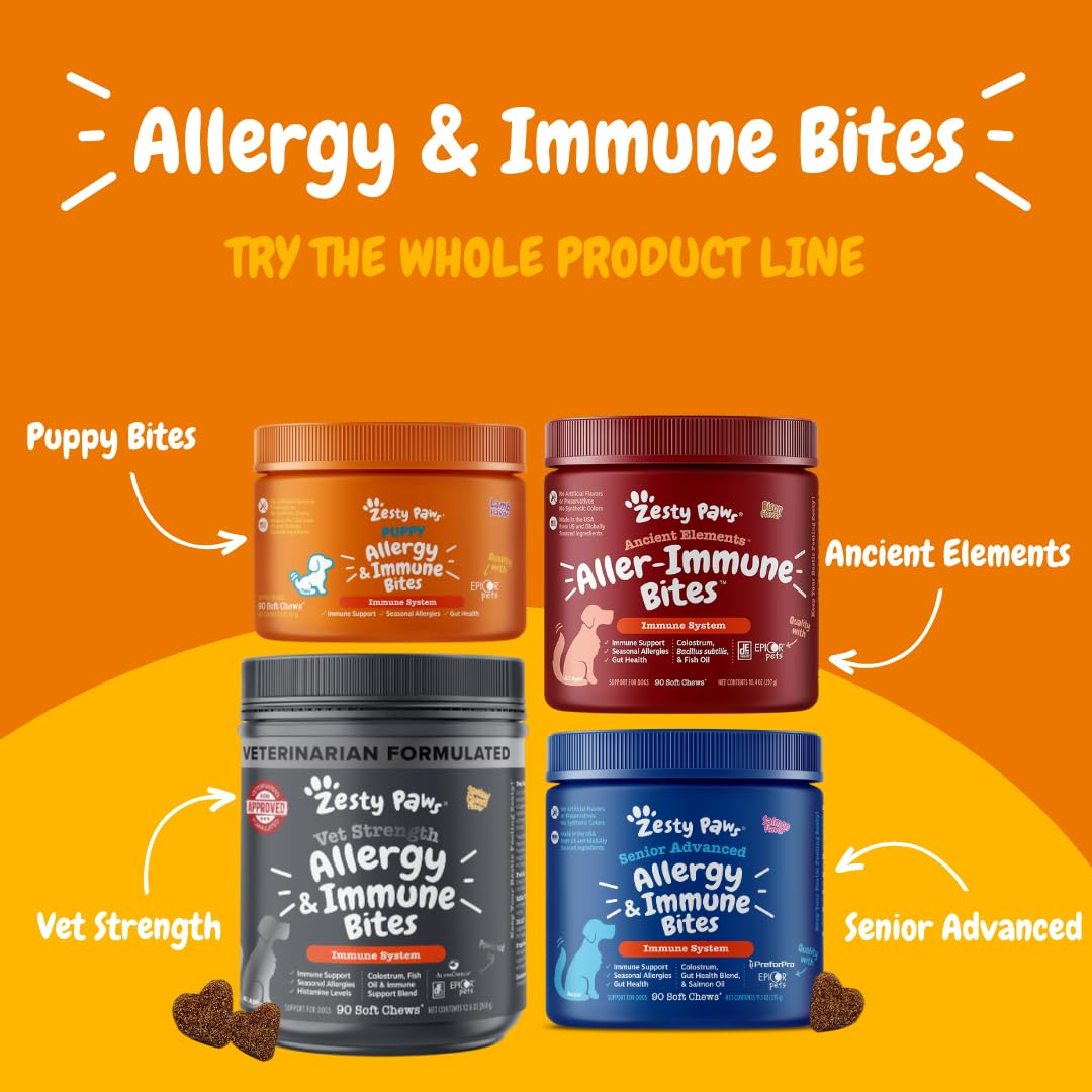Zesty Paws immune-support chews closeup suggests daily wellness potential for pets.