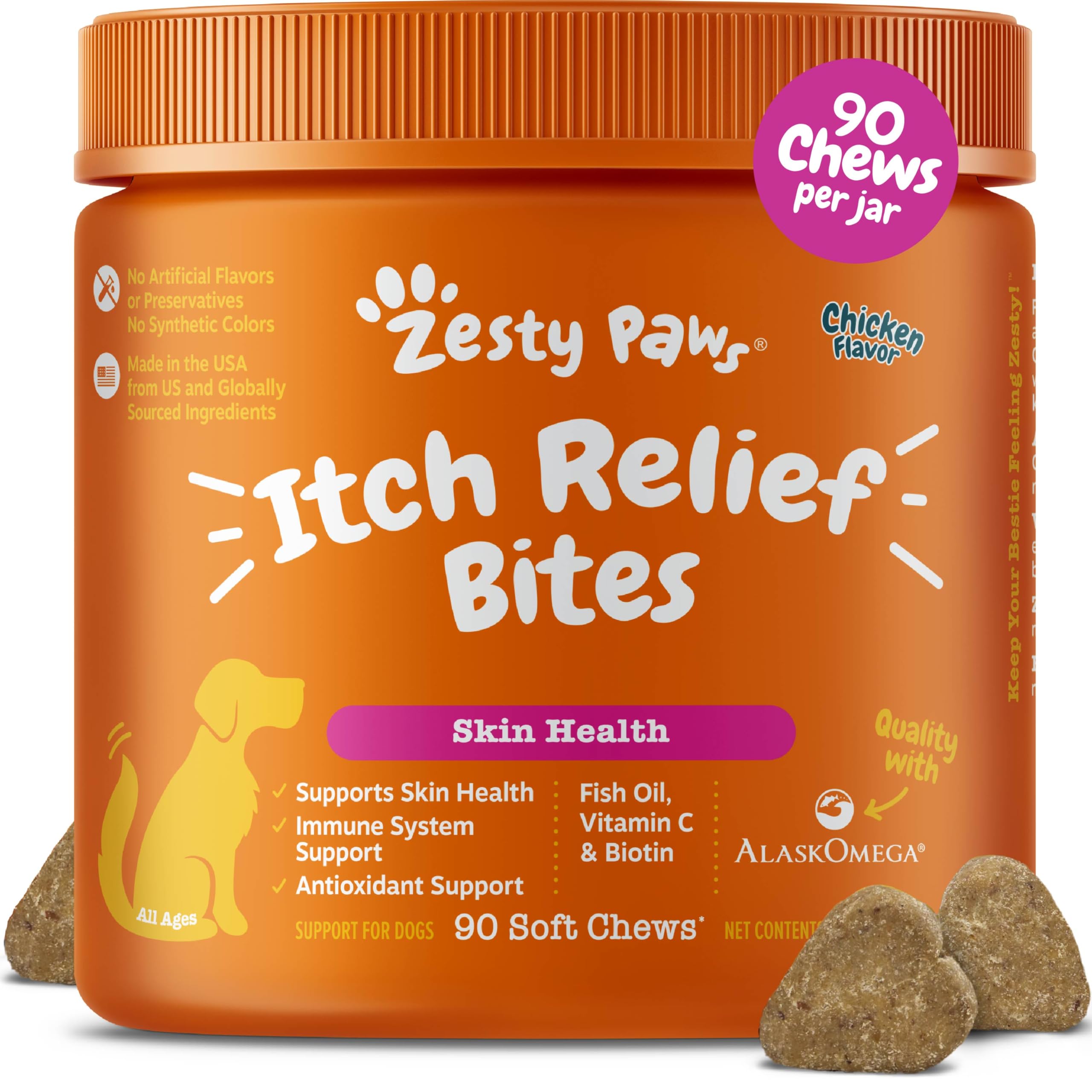 Zesty Paws Itch Relief chews bottle close-up, chicken flavor to support healthy skin and coat.