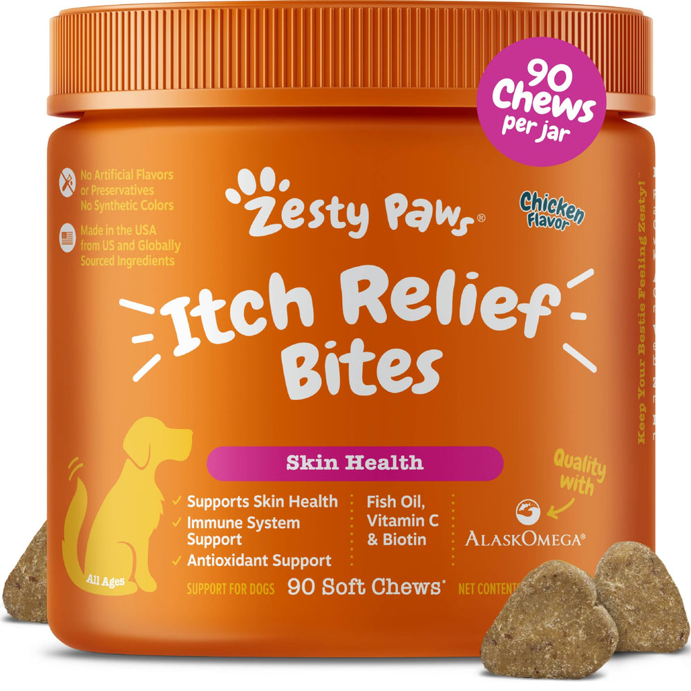 Zesty Paws Itch Relief chews bottle close-up, chicken flavor to support healthy skin and coat.