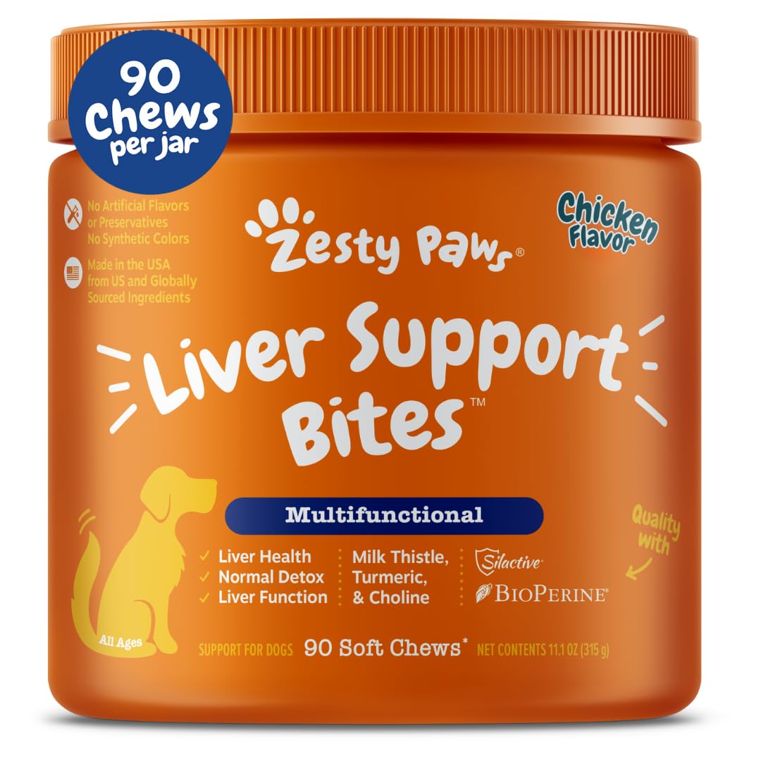 Zesty Paws Liver Support Bites packaging promotes dog liver health.