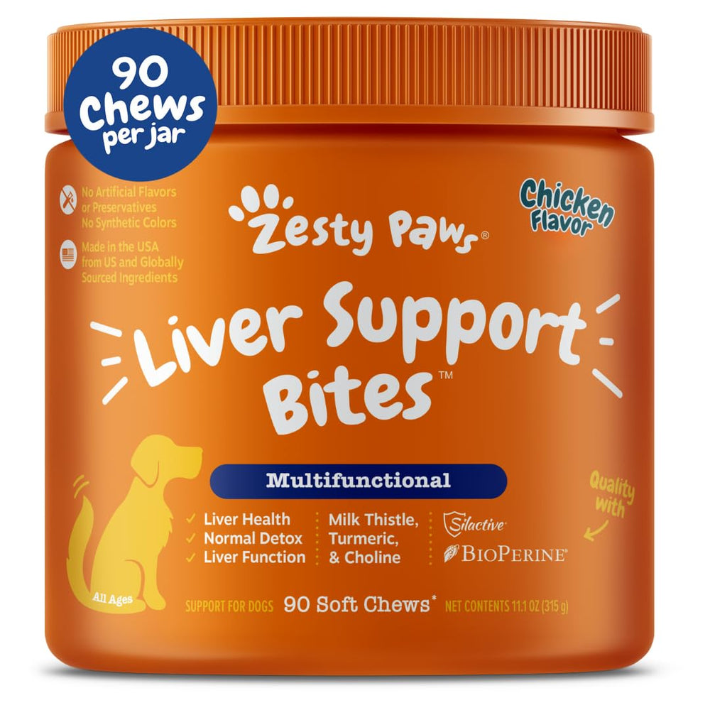 Zesty Paws Liver Support Bites packaging promotes dog liver health.