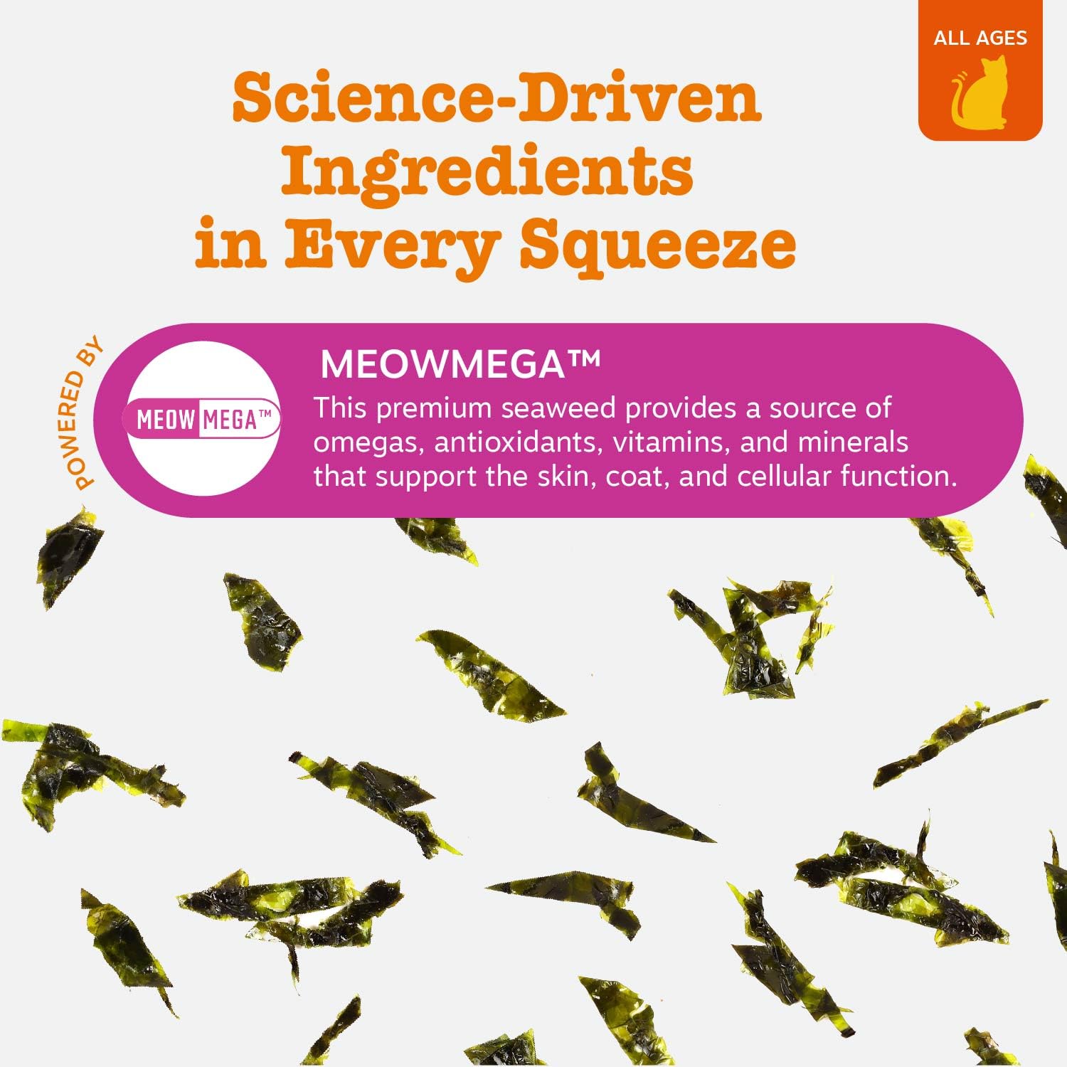 Zesty Paws Meowmega seaweed ingredients highlight omega-rich formula for healthy skin.