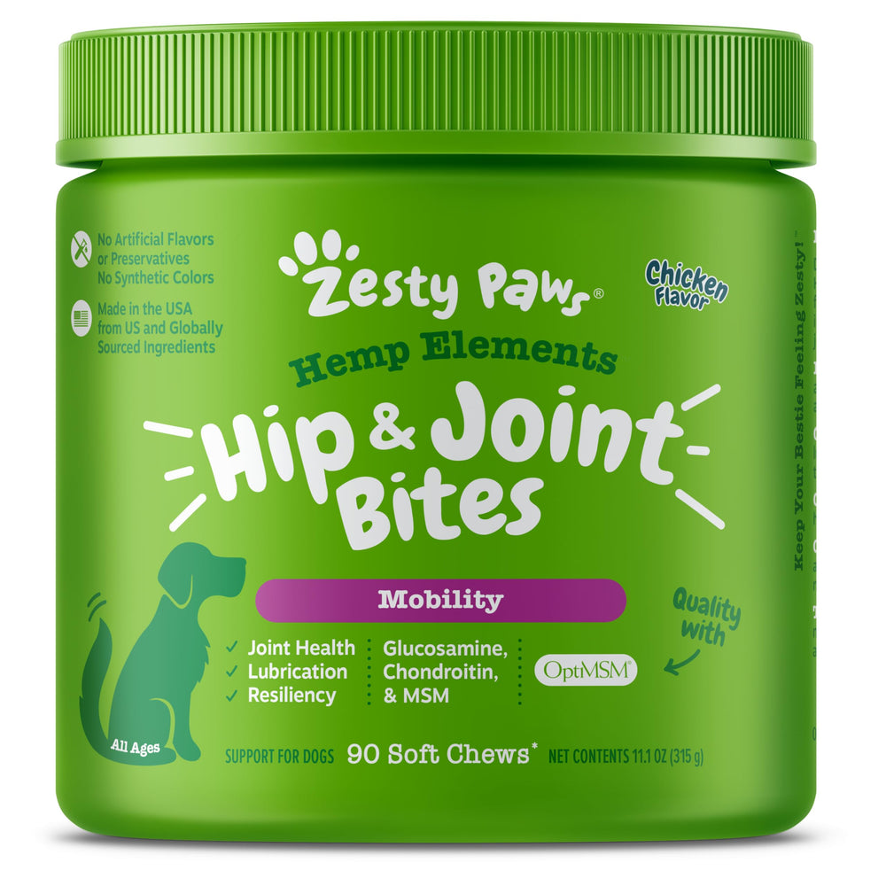 Zesty Paws Mobility Bites bottle label—chicken-flavored chews supporting dog joint health