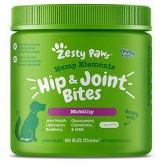 Zesty Paws Mobility Bites bottle label—chicken-flavored chews supporting dog joint health