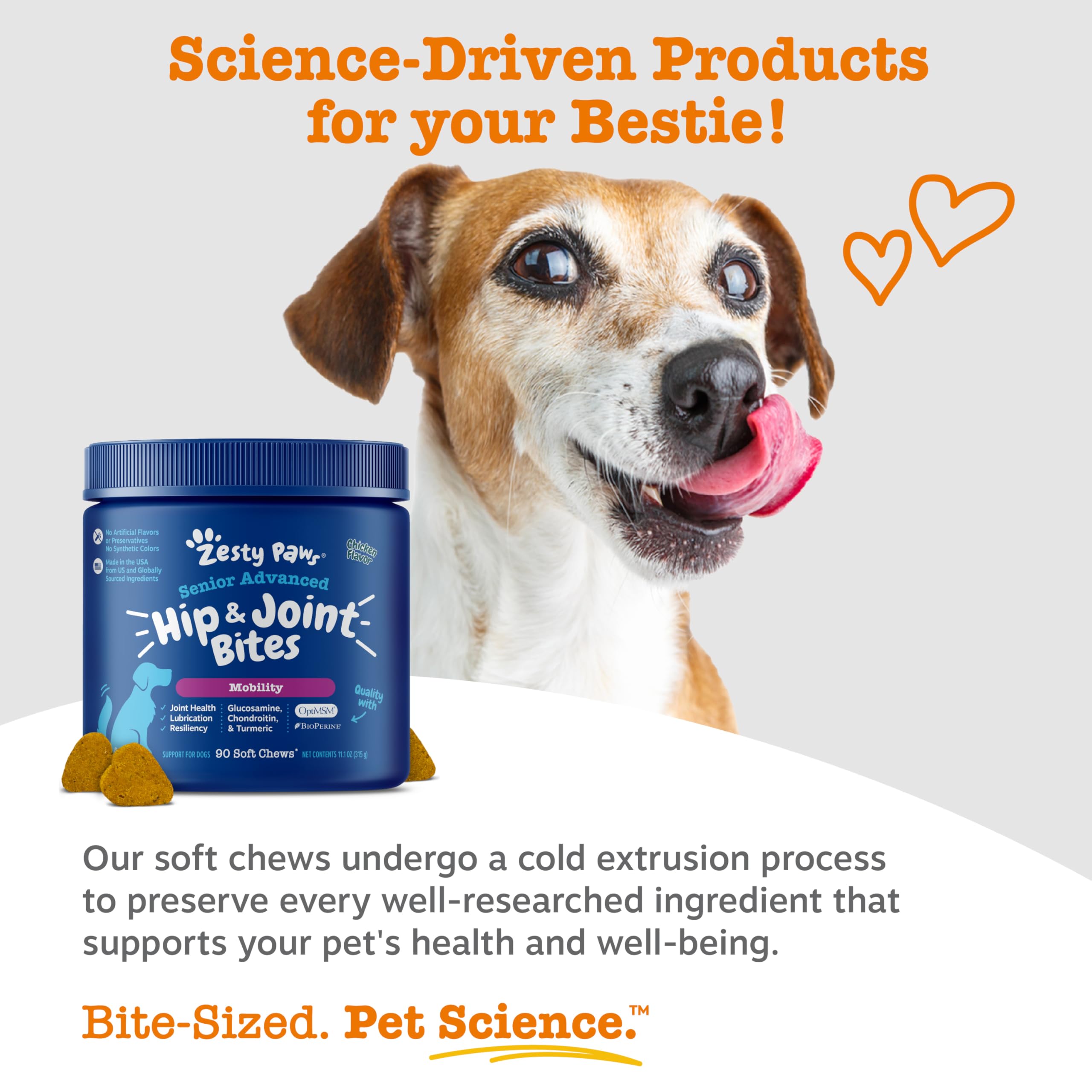 Zesty Paws Mobility Bites vitamins C and E symbols for antioxidant support.