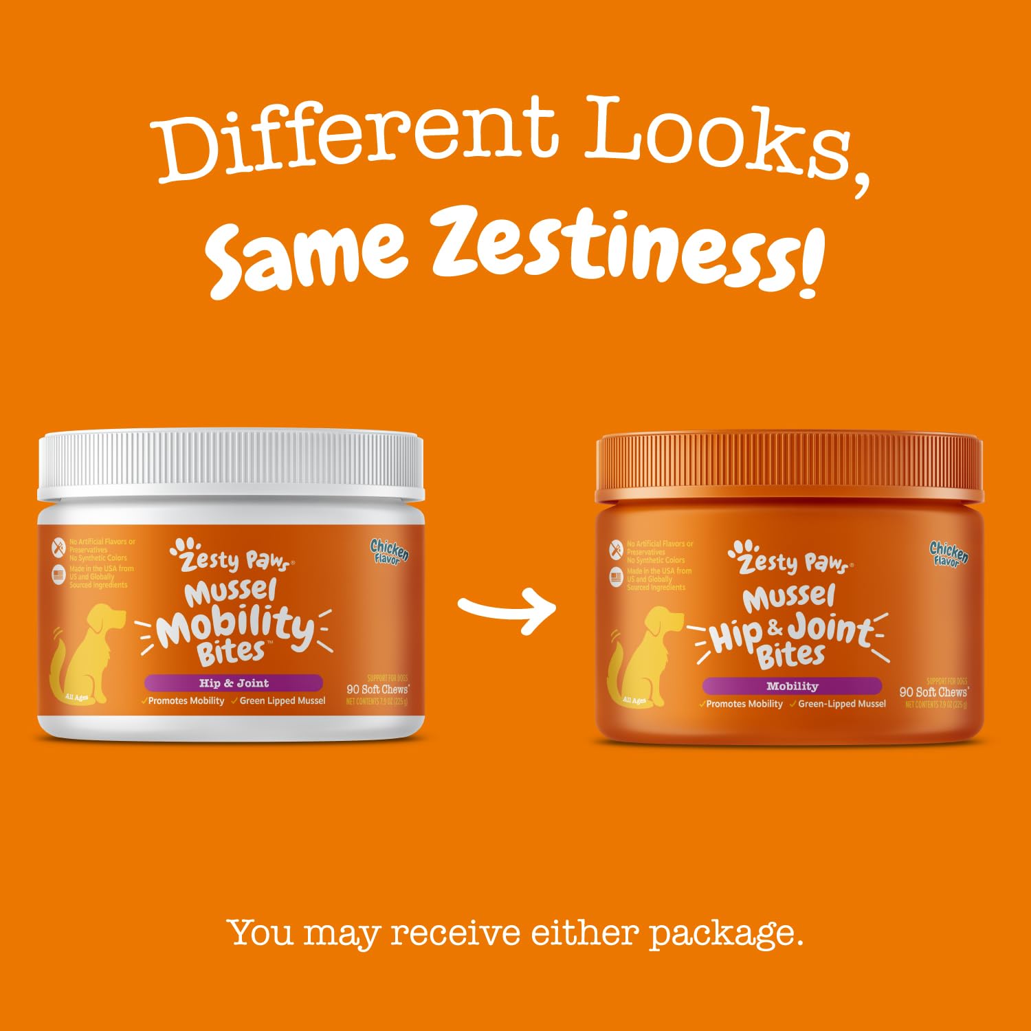 Zesty Paws Mussel Mobility Bites 90-count bottle for convenient daily dosing.