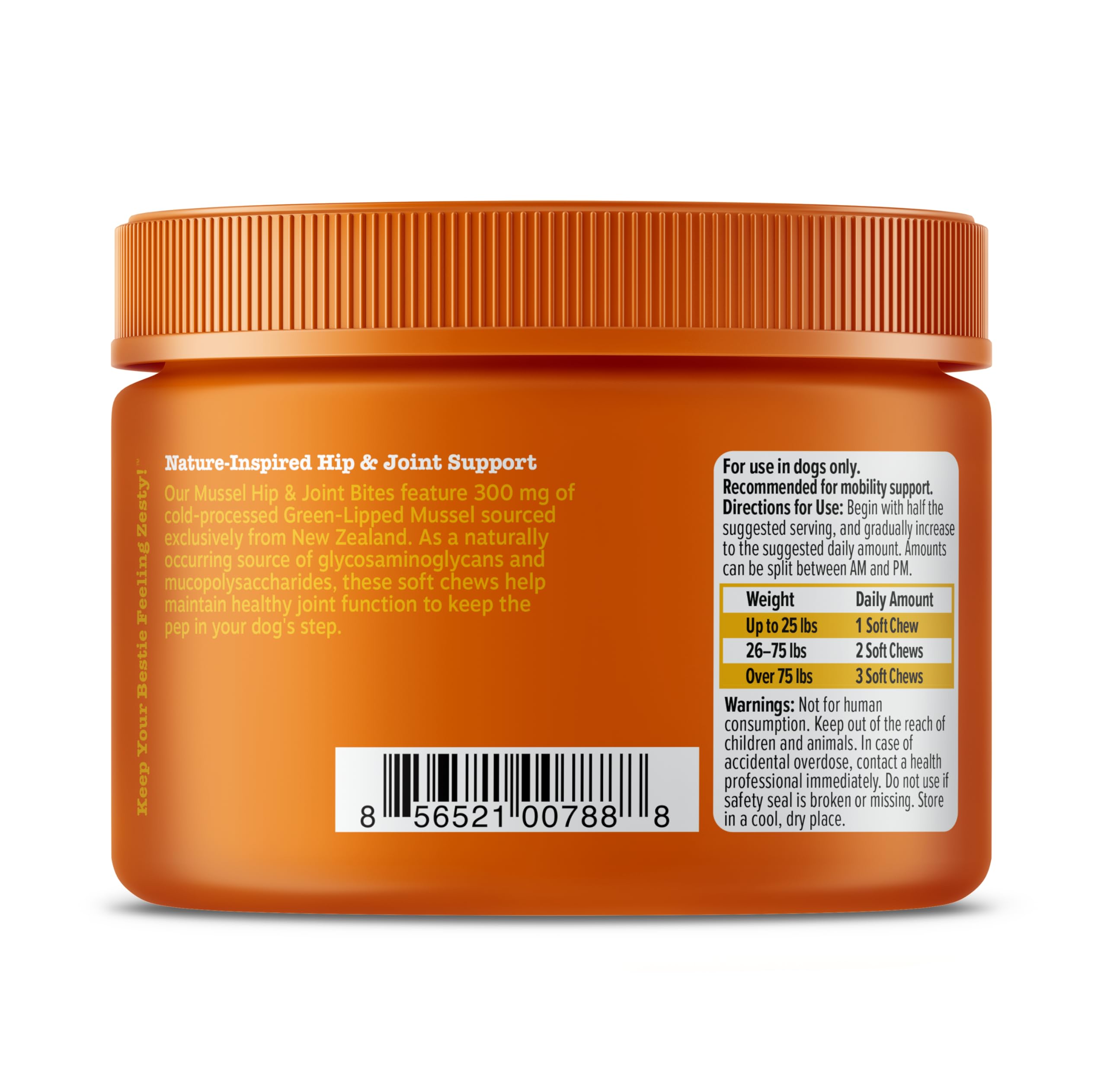 Zesty Paws Mussel Mobility Bites chicken flavor label for easy feeding.