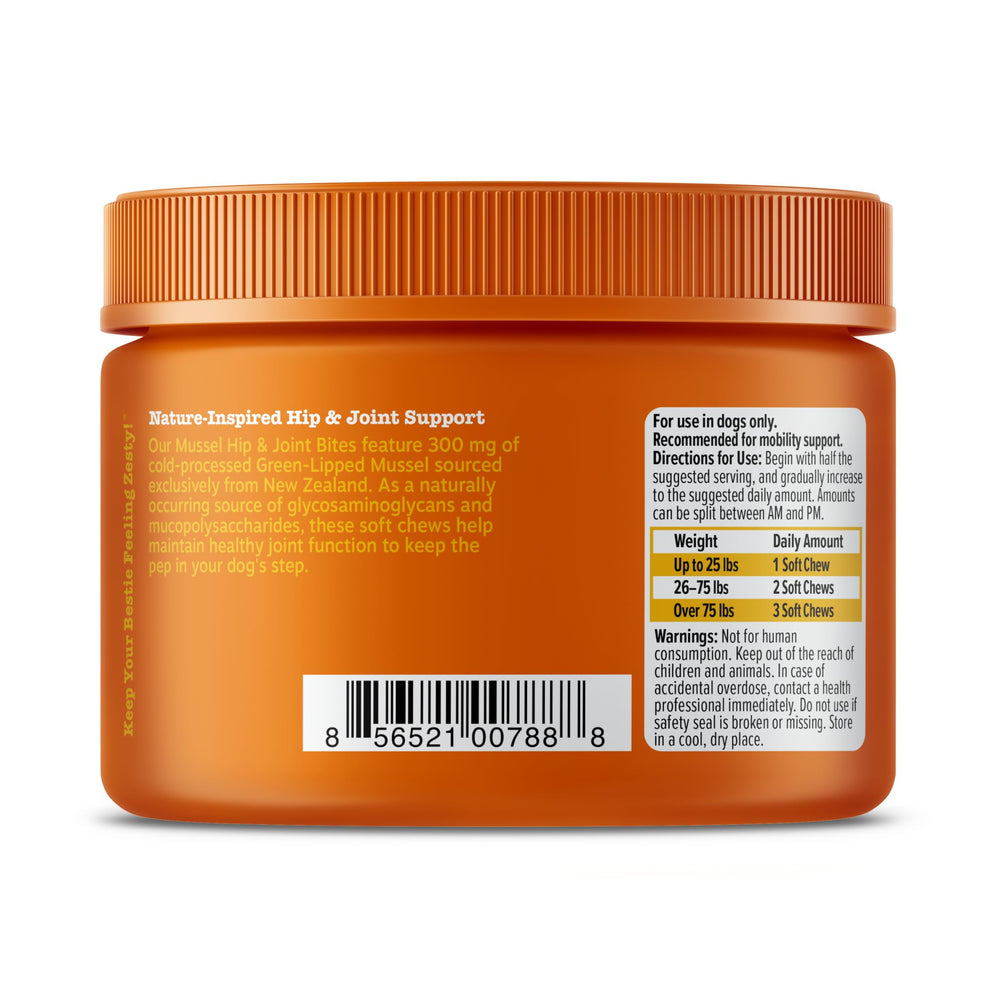 Zesty Paws Mussel Mobility Bites chicken flavor label for easy feeding.