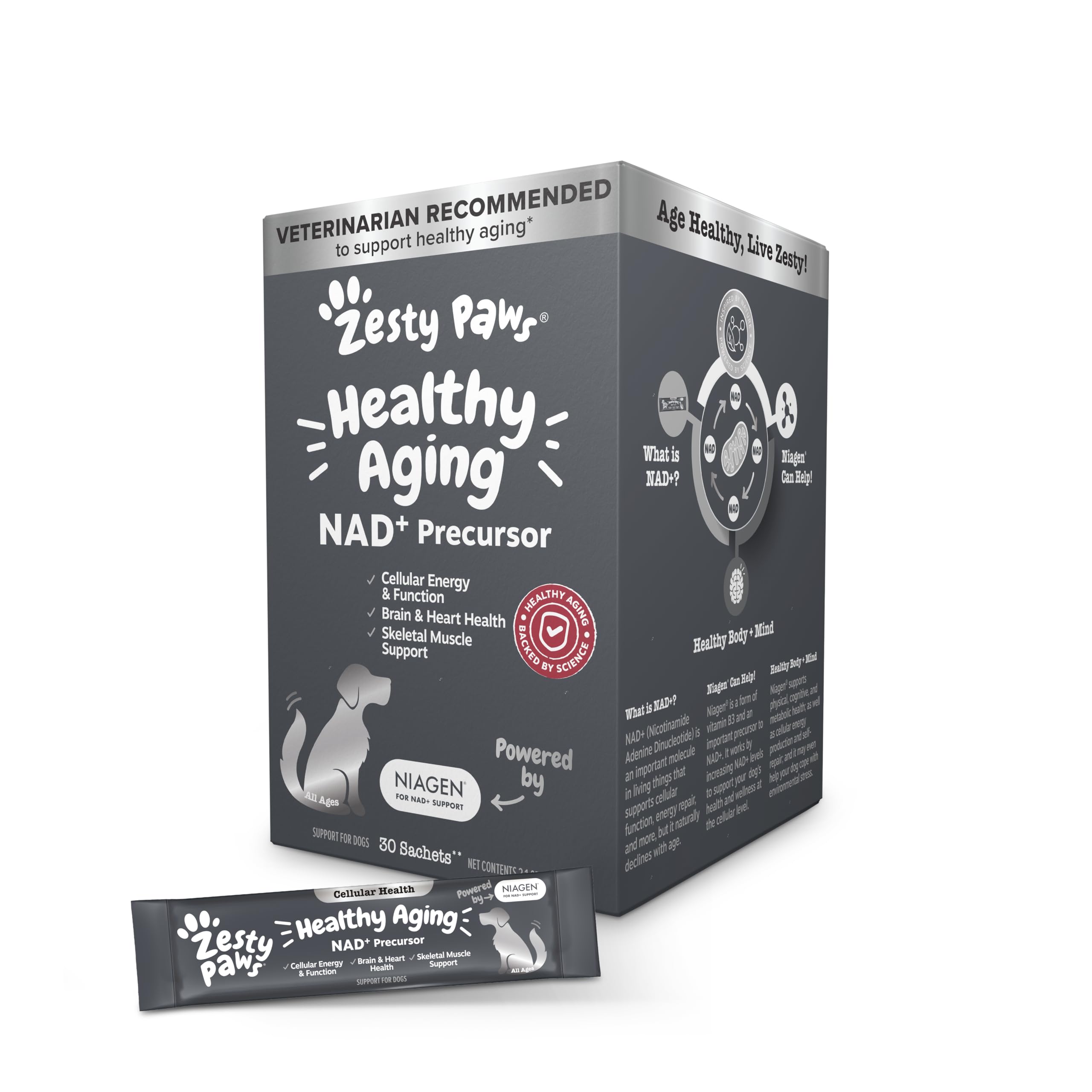 Zesty Paws NAD+ Precursor bottle and sachets for easy daily dog supplementation