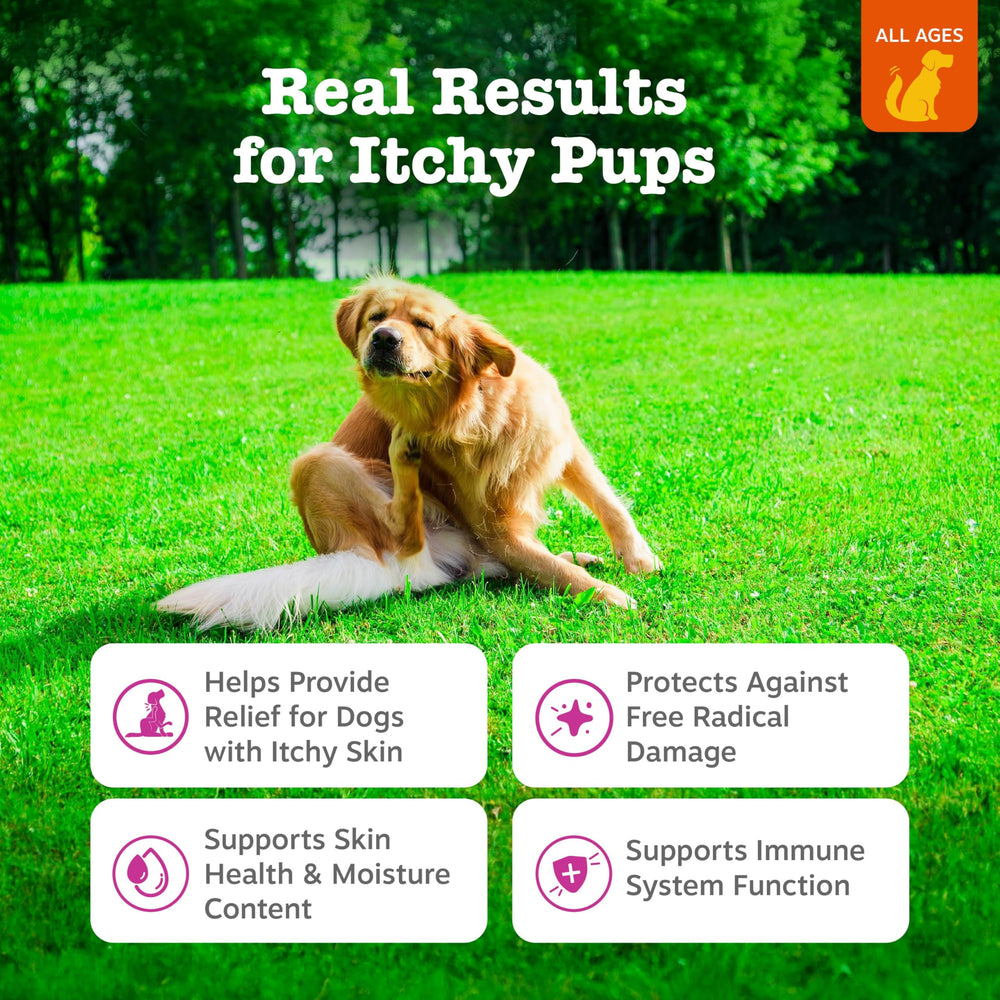 Zesty Paws Omega-3 fish oil supplement bottle, EPA/DHA support for a shiny coat.
