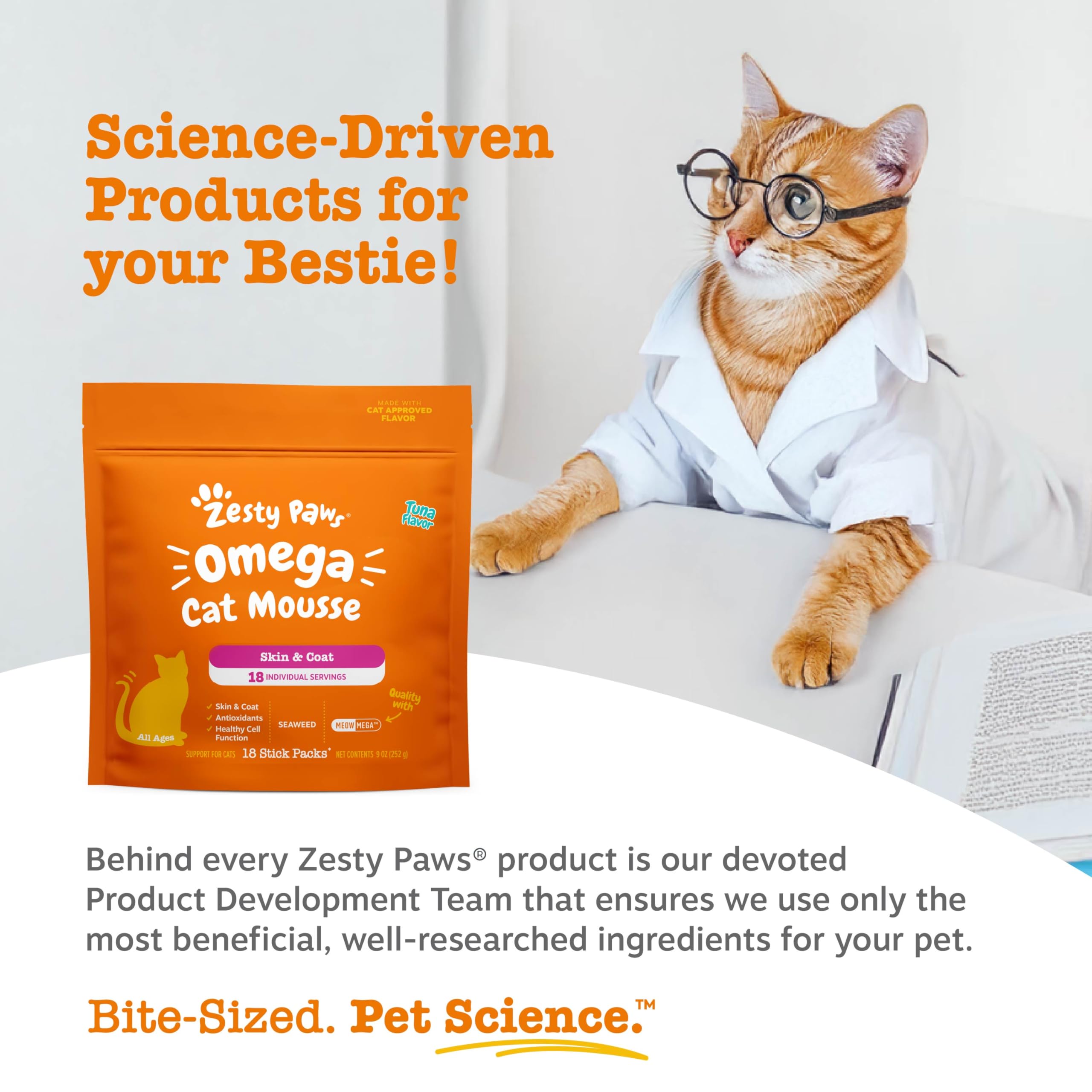 Zesty Paws Omega Cat Mousse 18-count packaging, convenient for busy households.