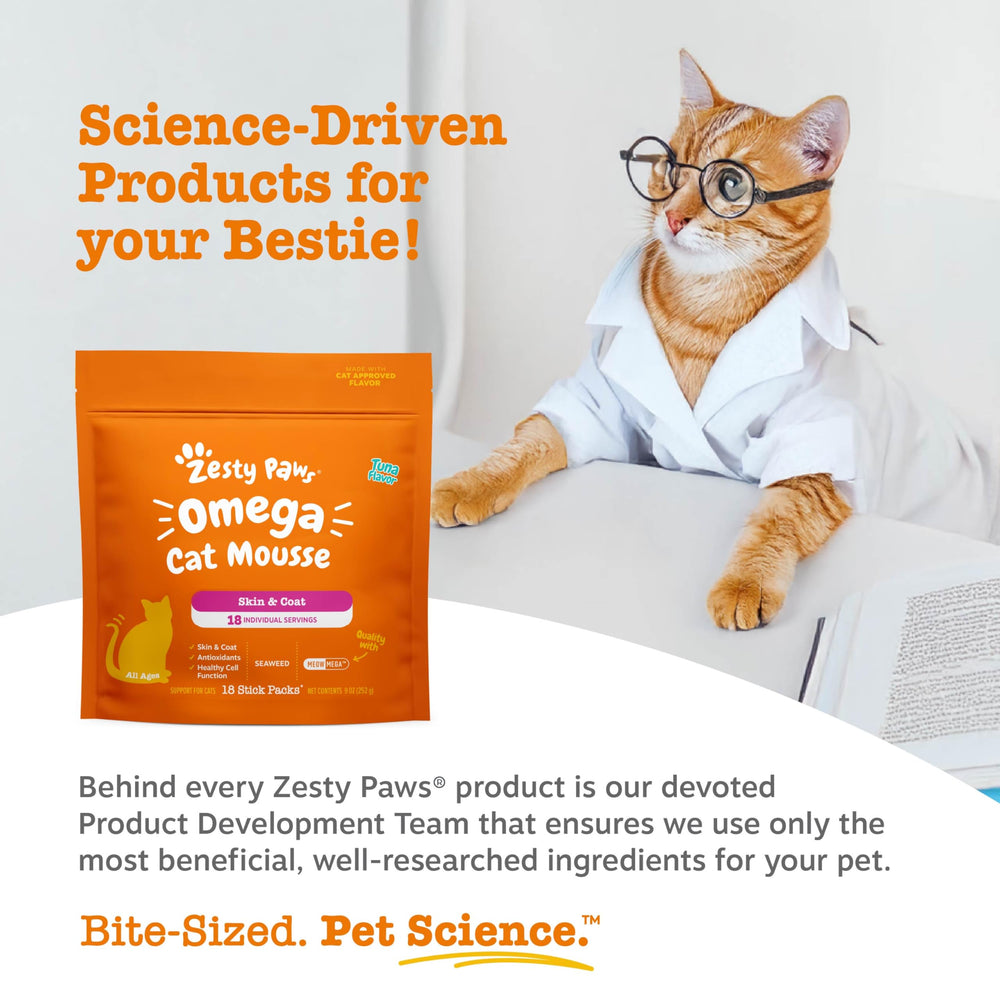 Zesty Paws Omega Cat Mousse 18-count packaging, convenient for busy households.