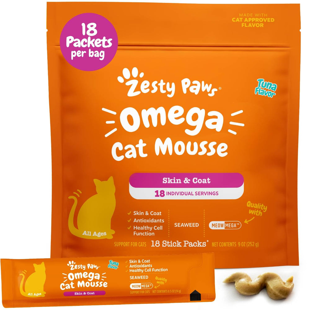 Zesty Paws Omega Cat Mousse texture close-up, creamy tuna flavor appeal.