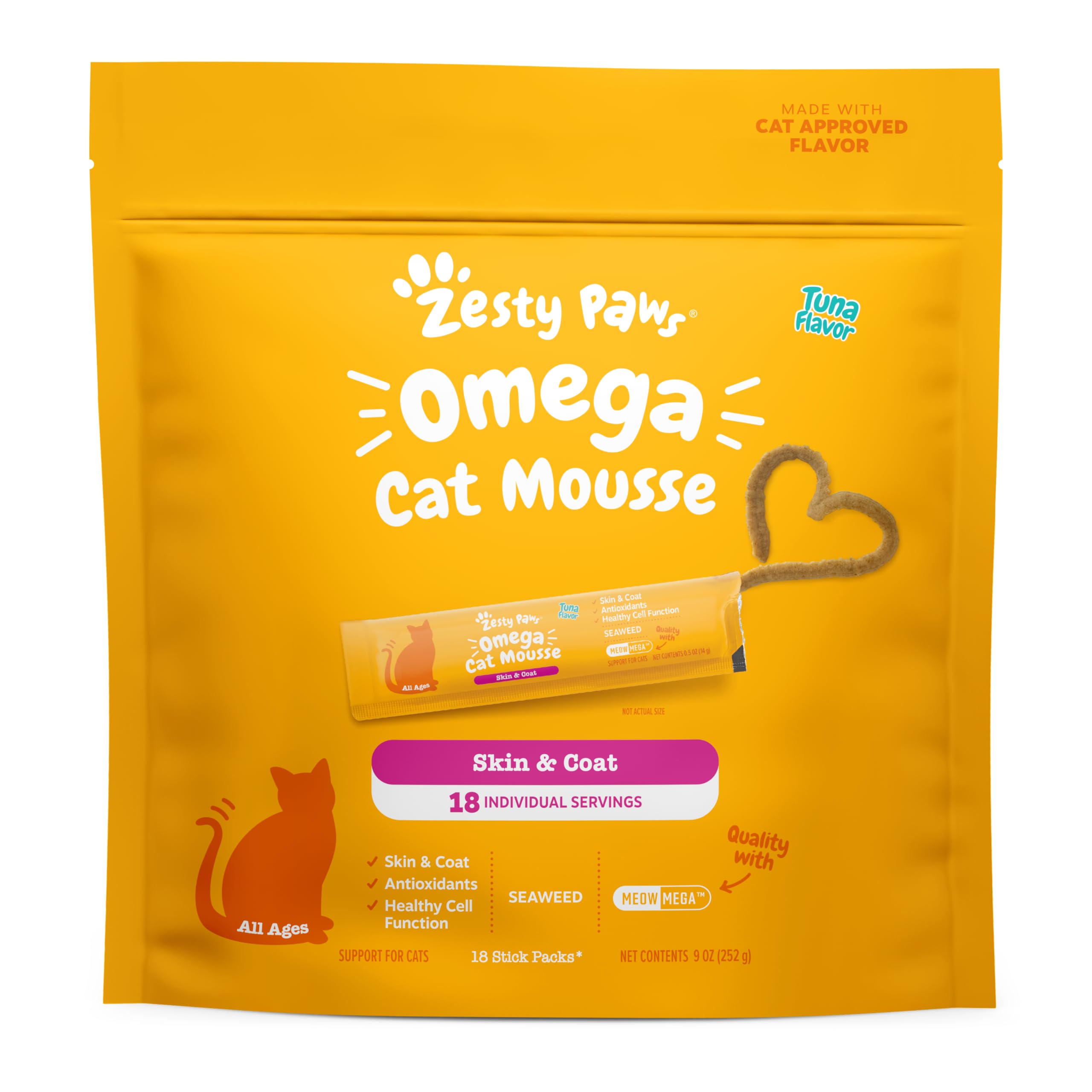Zesty Paws Omega Cat Mousse tube opened, tuna flavor offers an easy skin-and-coat-friendly reward.