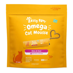 Zesty Paws Omega Cat Mousse tube opened, tuna flavor offers an easy skin-and-coat-friendly reward.