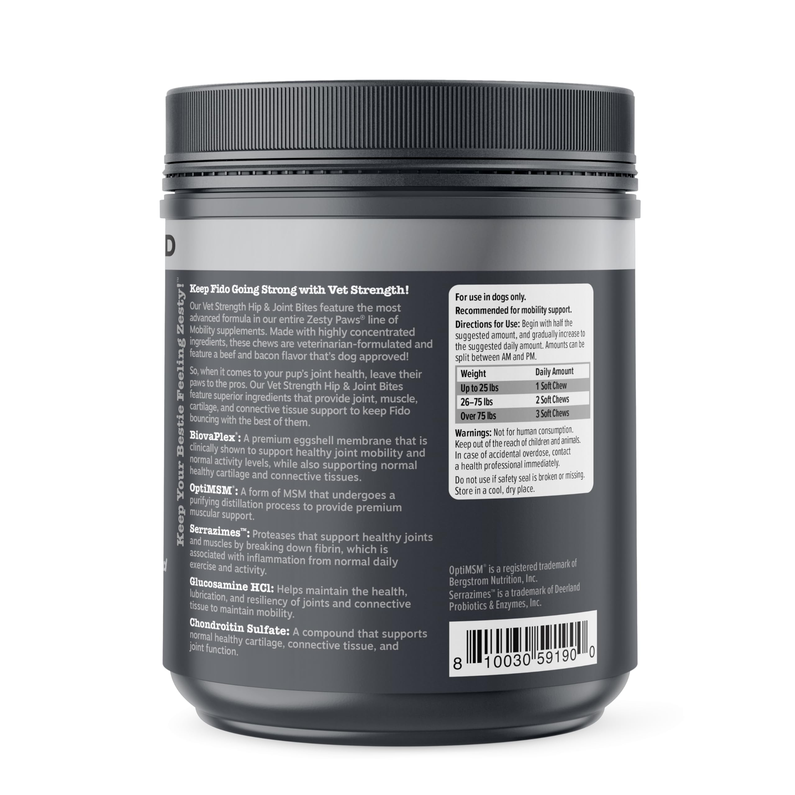 Zesty Paws OptiMSM 1000mg image showing muscle support for activity.