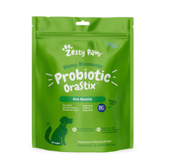 Zesty Paws OraStix packaging front highlighting probiotic sticks for canine gut support.