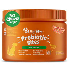 Zesty Paws Probiotics packaging showing 50 soft chews for digestive support