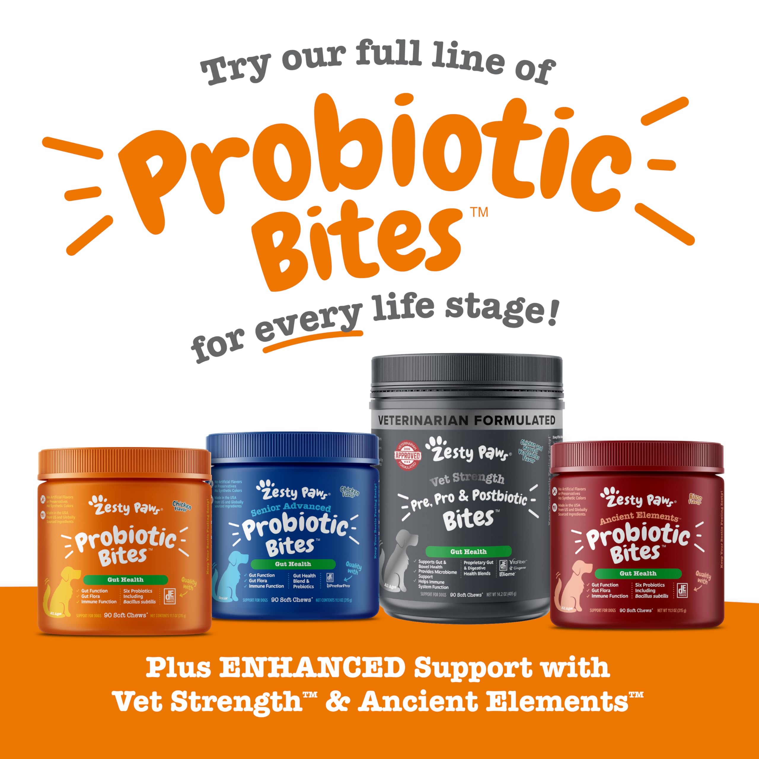 Zesty Paws dog gut flora support visual for digestive balance.