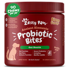 Zesty Paws Probiotics for Dogs jar close-up highlighting daily gut support