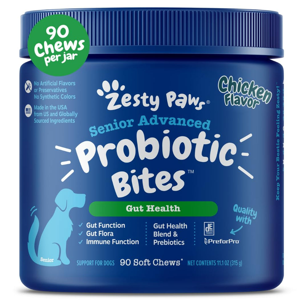 Zesty Paws probiotic dog soft chew bottle showing daily digestion support