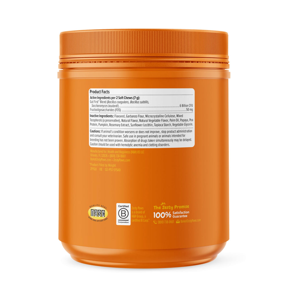 Zesty Paws Probiotics pumpkin and papaya ingredients support gut flora.