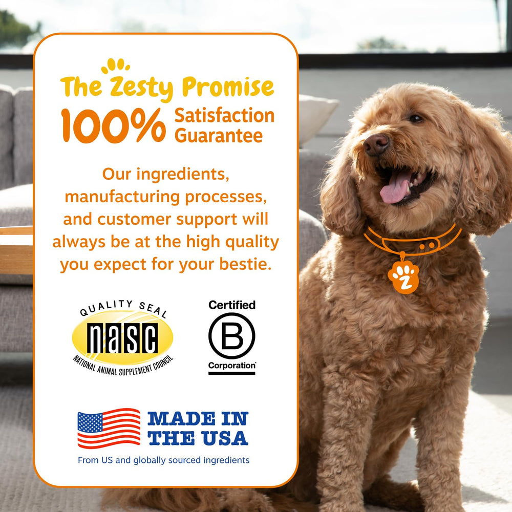 Zesty Paws Probiotics six-strain blend graphic supports digestive balance.