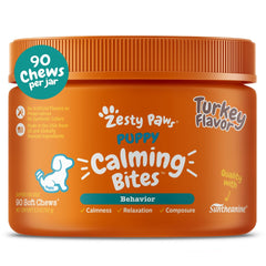 Zesty Paws Puppy Calming Bites front view with turkey flavor for gentle mood support.