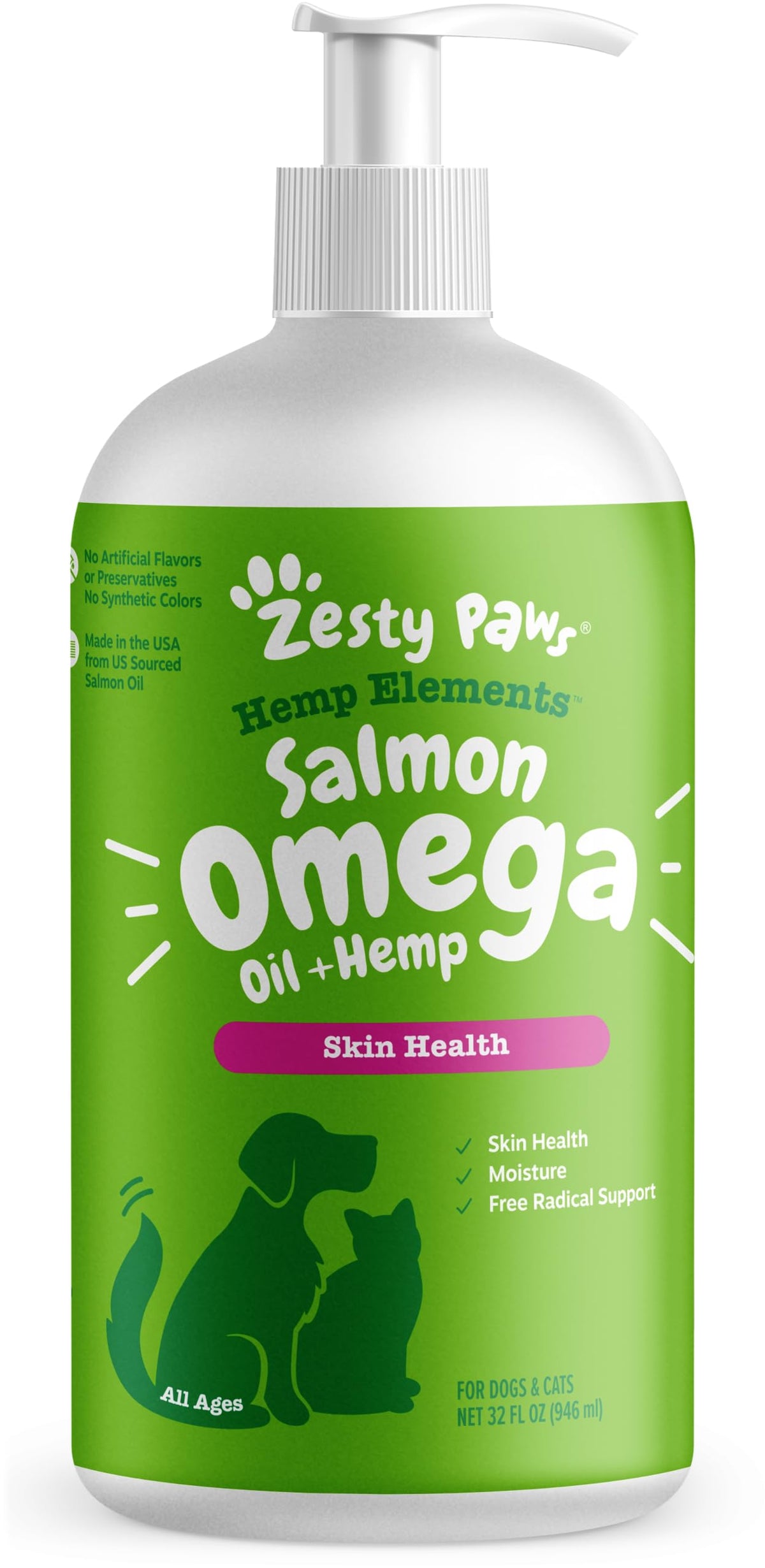 Zesty Paws Salmon Omega Oil Hemp bottle pour demonstrates easy daily dosing for healthy skin