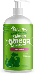 Zesty Paws Salmon Omega Oil Hemp bottle pour demonstrates easy daily dosing for healthy skin