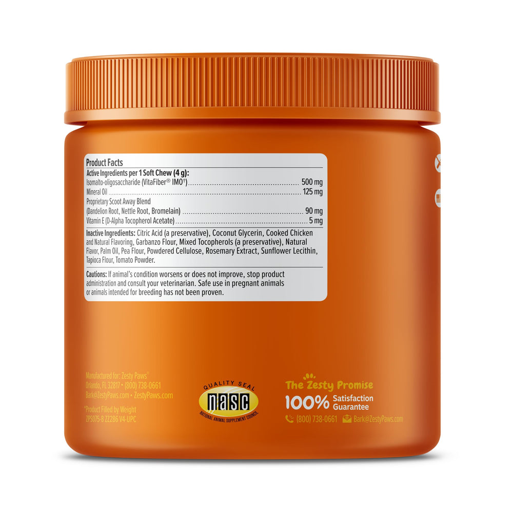 Zesty Paws Scoot Away packaging front emphasizes VitaFiber and bromelain blend.