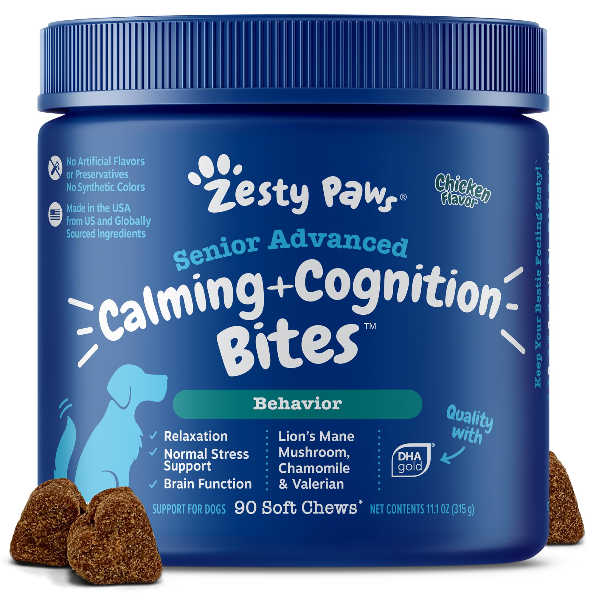 Zesty Paws Senior Advanced Calming Cognition bottle supports brain health and daily calm.